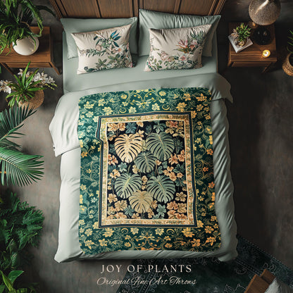Enchanted Grove Woven Fringe Tapestry | Forestcore Home Decor Cottagecore Maximalist Blanket Whimsical Monstera Vibes Trendy Bedroom Artwork