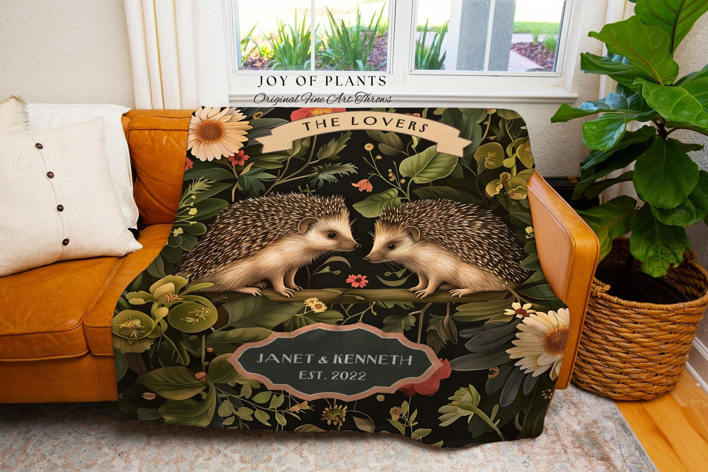 Rustic Floral Hedgehog Couple Blanket | Botanical Woodland Aesthetic Custom Anniversary Year Tapestry Woven Personalized Name Hedge Hog Gift