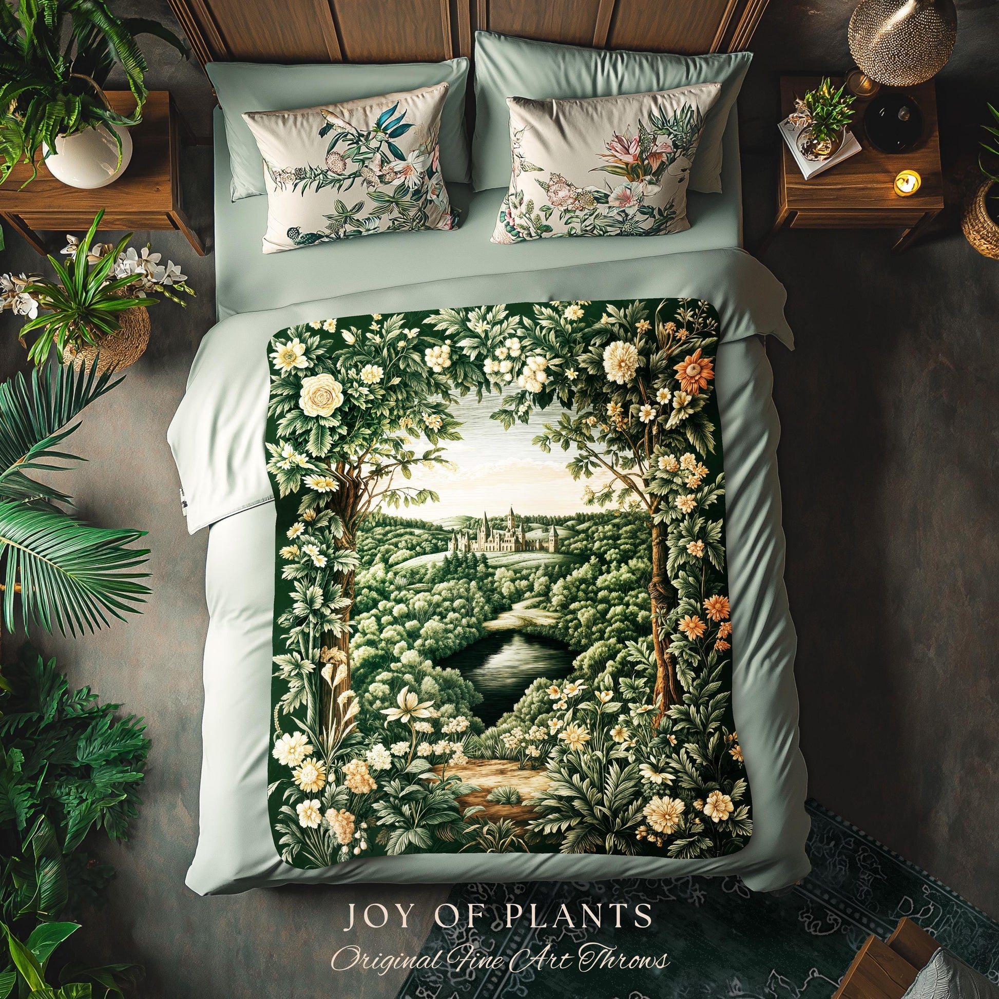 Castle Landscape Botanical Throw Blanket | Fairytale Aesthetic Mystic Garden Tapestry Throw Fairycore Woodland Nature Princesscore Blanket