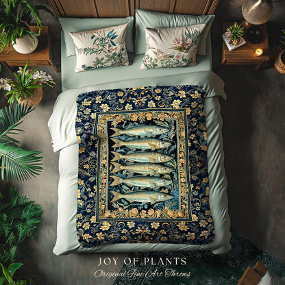 Rustic Nautical Sardine Blanket | Costal Aesthetic Woven Tapestry for Beach House Sea Lover Home Accent Ocean Inspired Marine Decor Throw