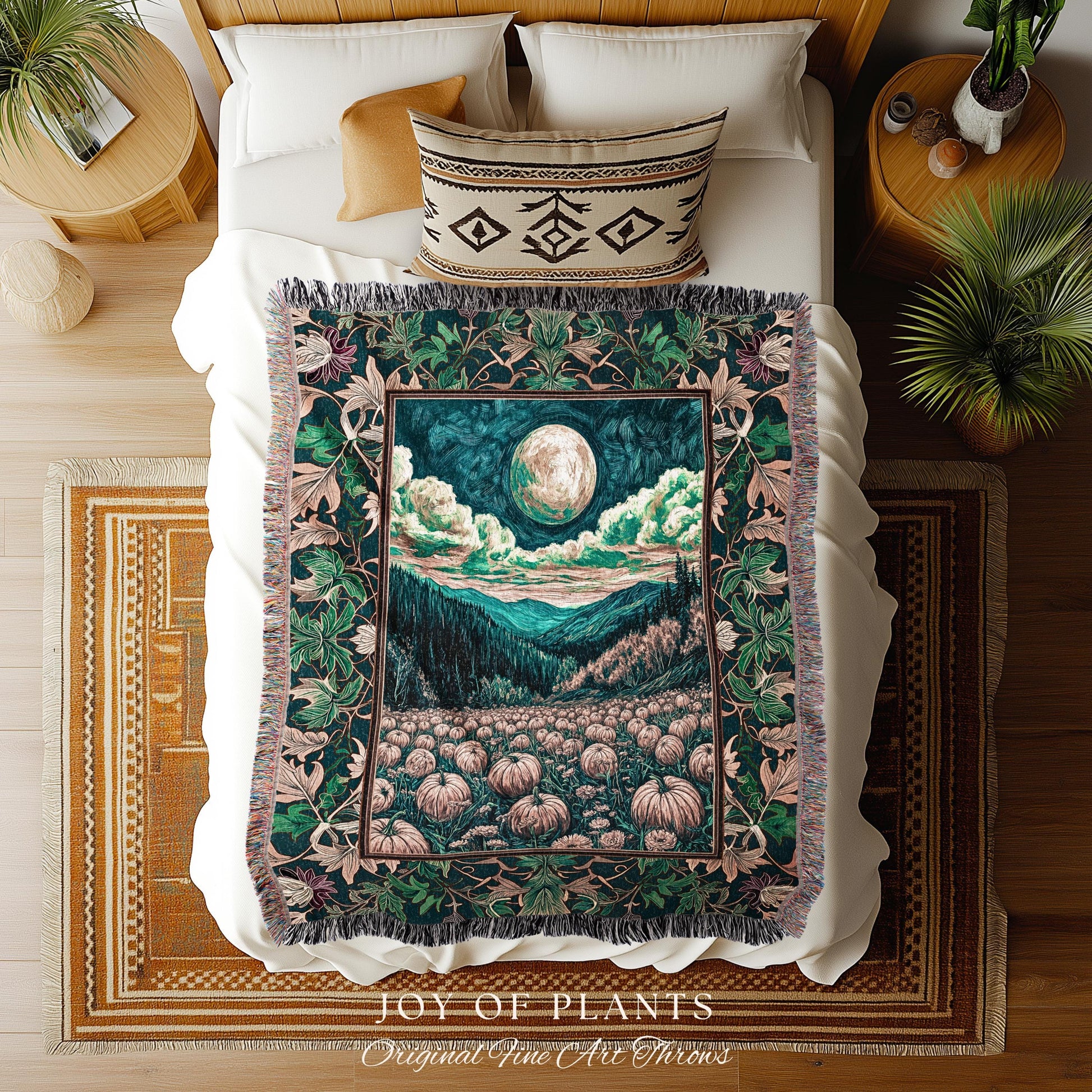 Elegant Harvest Moon Cozy Throw Blanket | Spooky Season Aesthetic Gothic Decor Whimsigoth Pumpkin Rustic Autumn Tapestry Witchy Landscape |