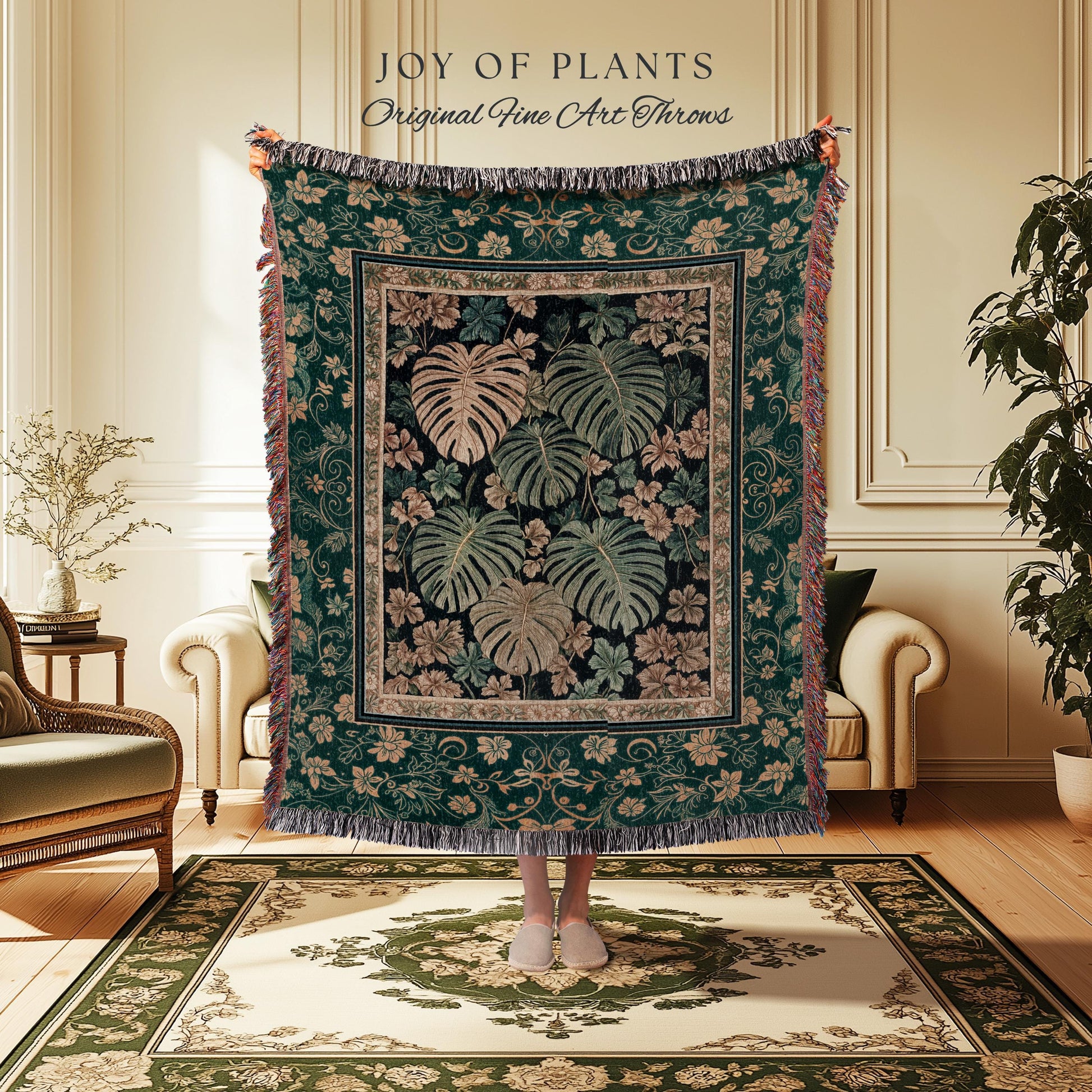 Enchanted Grove Woven Fringe Tapestry | Forestcore Home Decor Cottagecore Maximalist Blanket Whimsical Monstera Vibes Trendy Bedroom Artwork