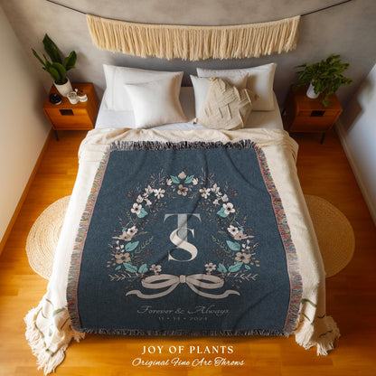 Farmhouse Wedding Wreath Blanket Custom | Rustic Tapestry Keepsake His and Hers Dating Anniversary Floral Wreath for Girlfriend Initials |