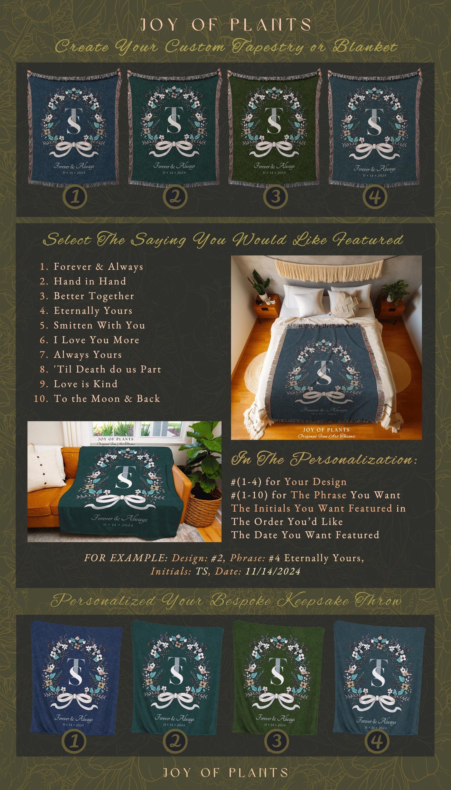 Farmhouse Wedding Wreath Blanket Custom | Rustic Tapestry Keepsake His and Hers Dating Anniversary Floral Wreath for Girlfriend Initials |