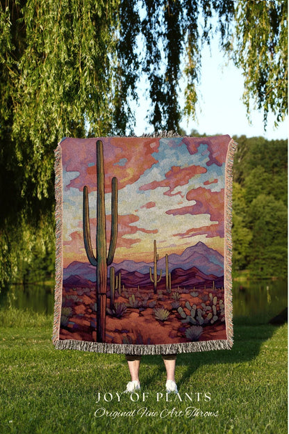 Moody Desert Landscape Blanket | Whimsical Home Decor Housewarming Gift Blanket Cactus Aesthetic Blanket Woven Tapestry Southwest Landscape