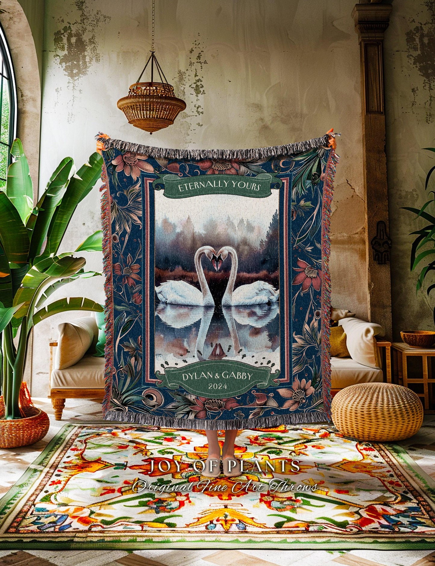 Eternally Yours Swan Couple Custom Woven Tapestry Throw Blanket | Ethereal Wedding Anniversary Keepsake Timeless Sentimental Romance Gift