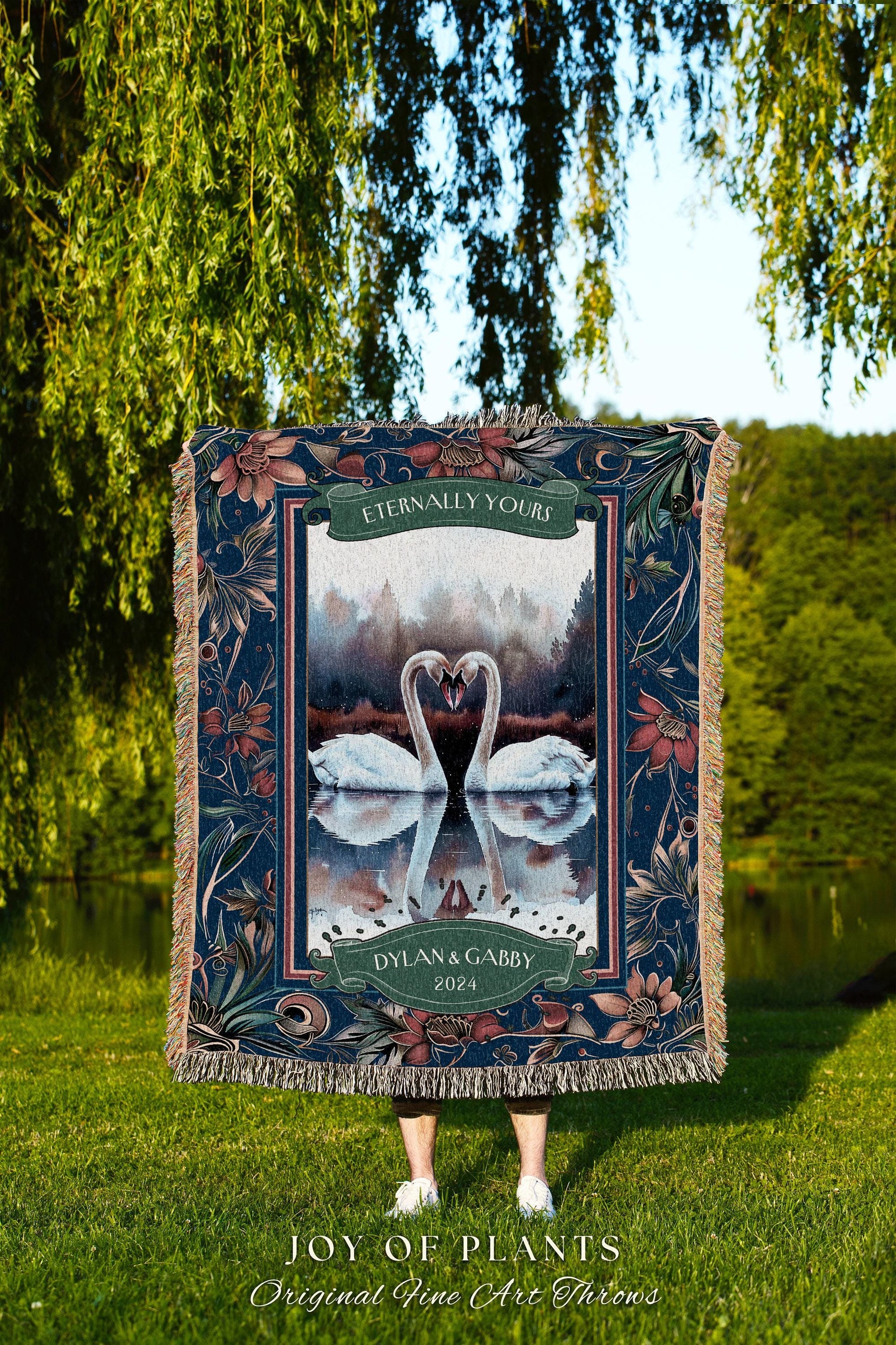 Eternally Yours Swan Couple Custom Woven Tapestry Throw Blanket | Ethereal Wedding Anniversary Keepsake Timeless Sentimental Romance Gift
