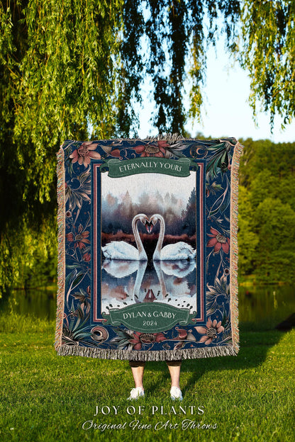 Eternally Yours Swan Couple Custom Woven Tapestry Throw Blanket | Ethereal Wedding Anniversary Keepsake Timeless Sentimental Romance Gift
