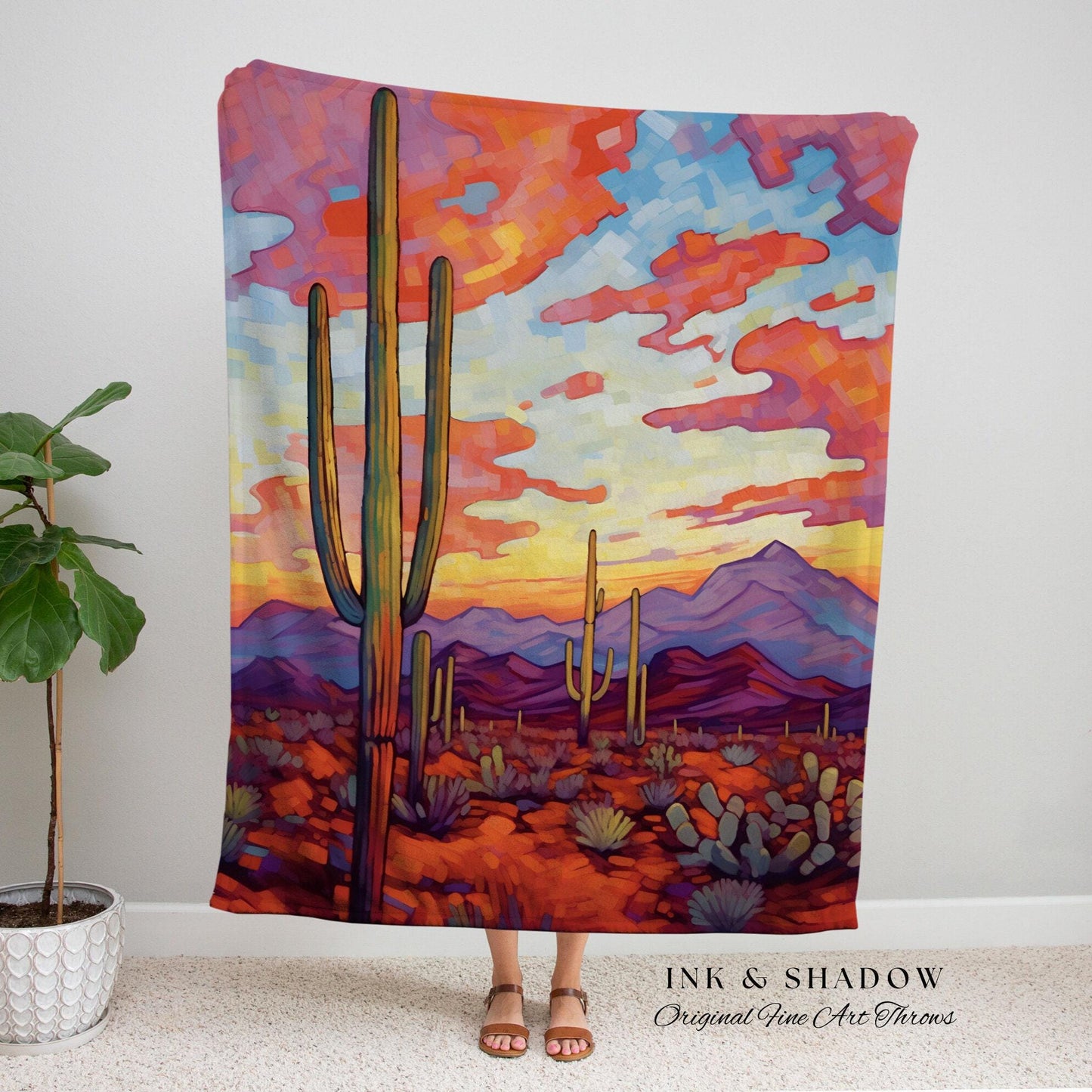 Moody Desert Landscape Blanket | Whimsical Home Decor Housewarming Gift Blanket Cactus Aesthetic Blanket Woven Tapestry Southwest Landscape