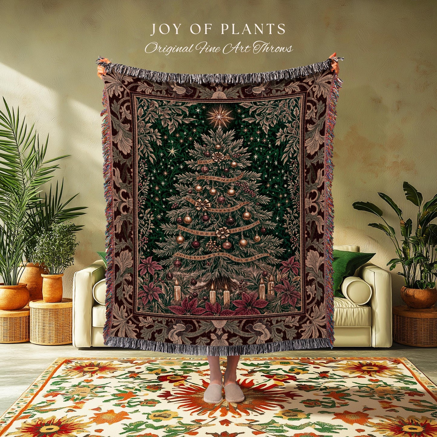 Regal Christmas Tree Poinsettia Blanket | Vintage Xmas Woven Wall Tapestry Cozy Winter Decor Festive Cottagecore Throw Rustic Holiday Home