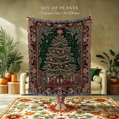 Regal Christmas Tree Poinsettia Blanket | Vintage Xmas Woven Wall Tapestry Cozy Winter Decor Festive Cottagecore Throw Rustic Holiday Home