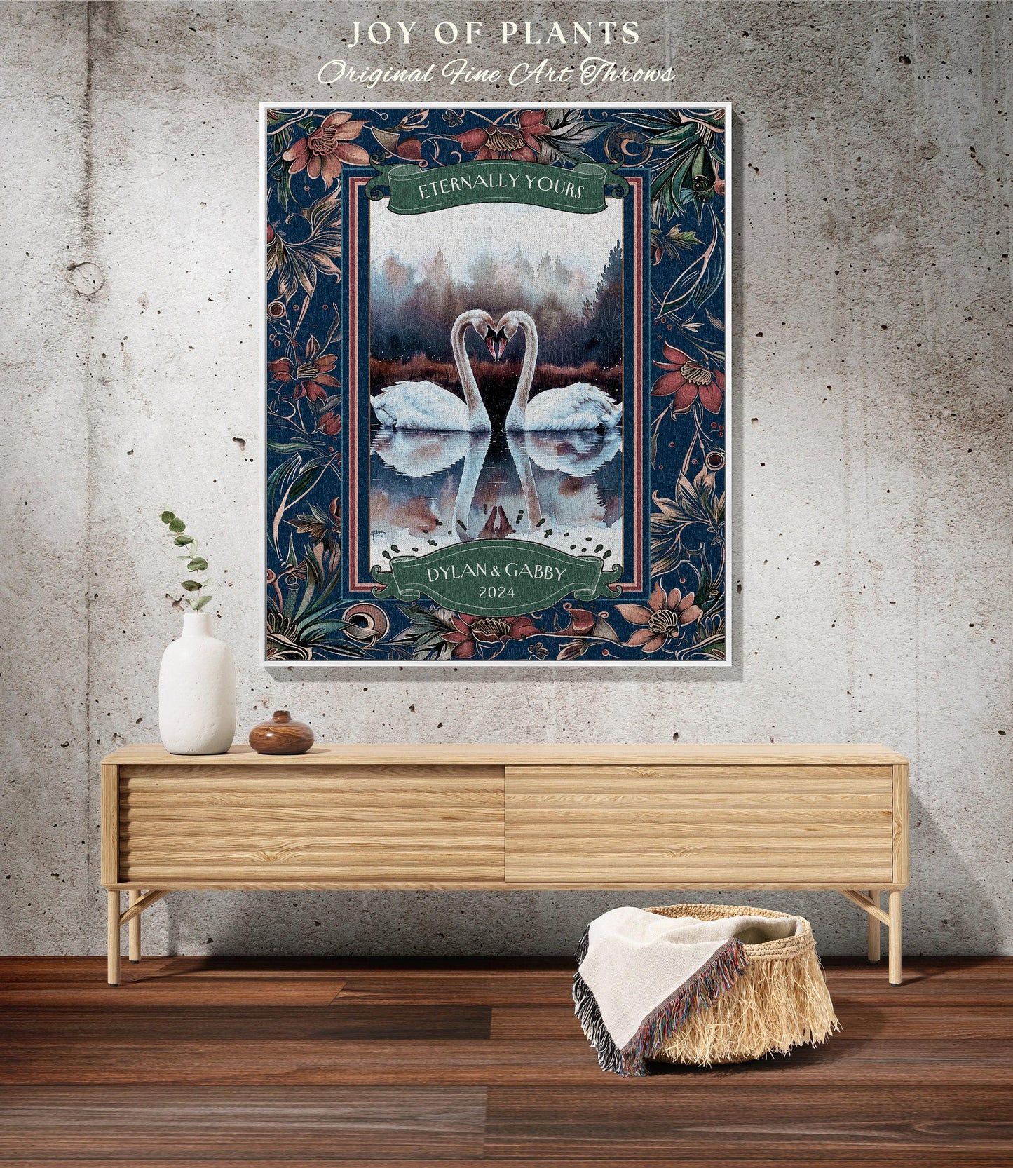 Eternally Yours Swan Couple Custom Woven Tapestry Throw Blanket | Ethereal Wedding Anniversary Keepsake Timeless Sentimental Romance Gift