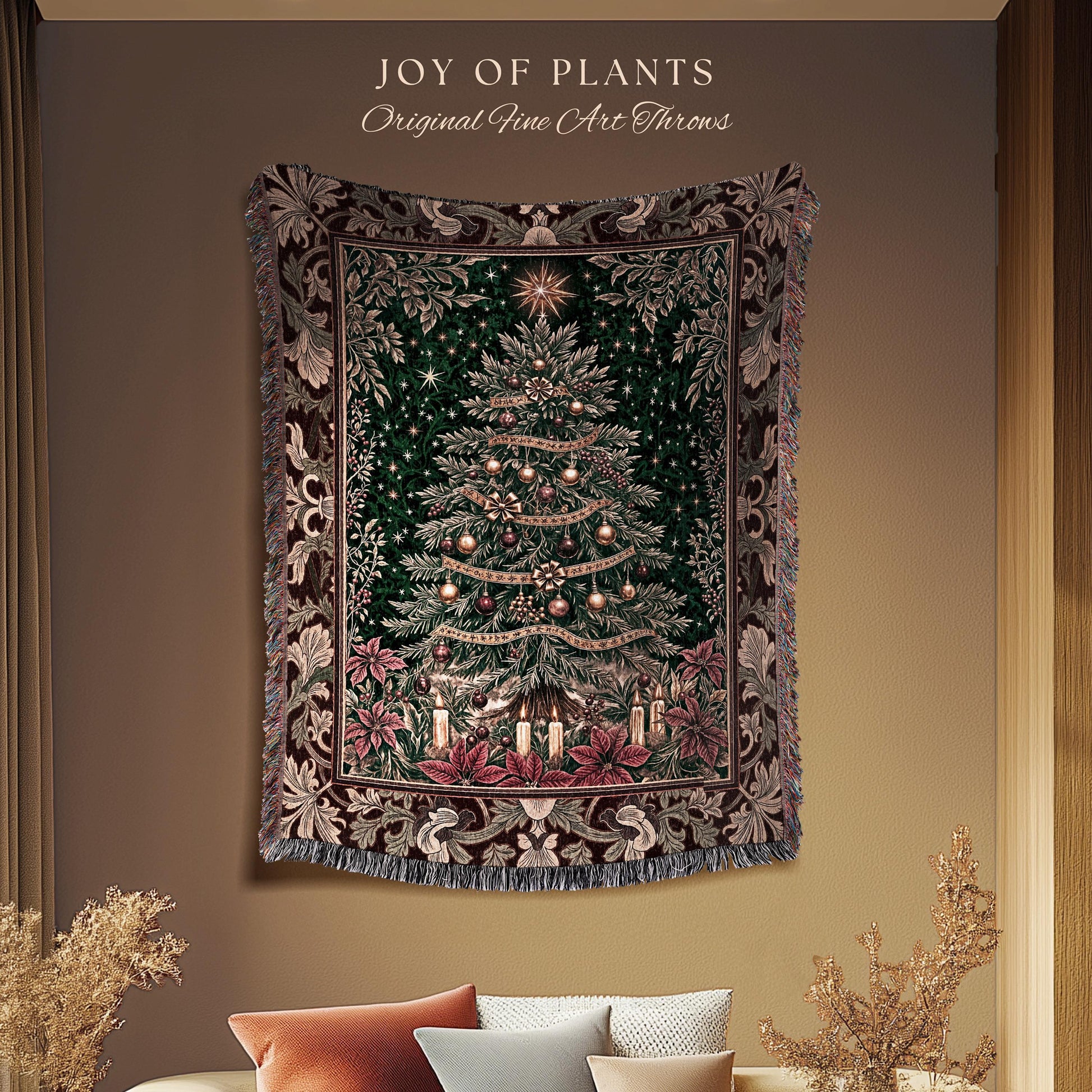 Regal Christmas Tree Poinsettia Blanket | Vintage Xmas Woven Wall Tapestry Cozy Winter Decor Festive Cottagecore Throw Rustic Holiday Home