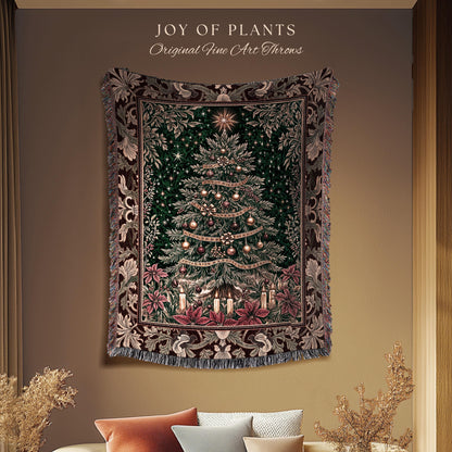 Regal Christmas Tree Poinsettia Blanket | Vintage Xmas Woven Wall Tapestry Cozy Winter Decor Festive Cottagecore Throw Rustic Holiday Home