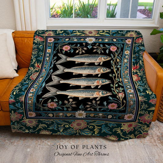 Eclectic Botanical Sardine Blanket Cozy | Nautical Lake House Throw Indie Coastal Aesthetic Woven Wall Tapestry Oceancore Vintage Sea Life