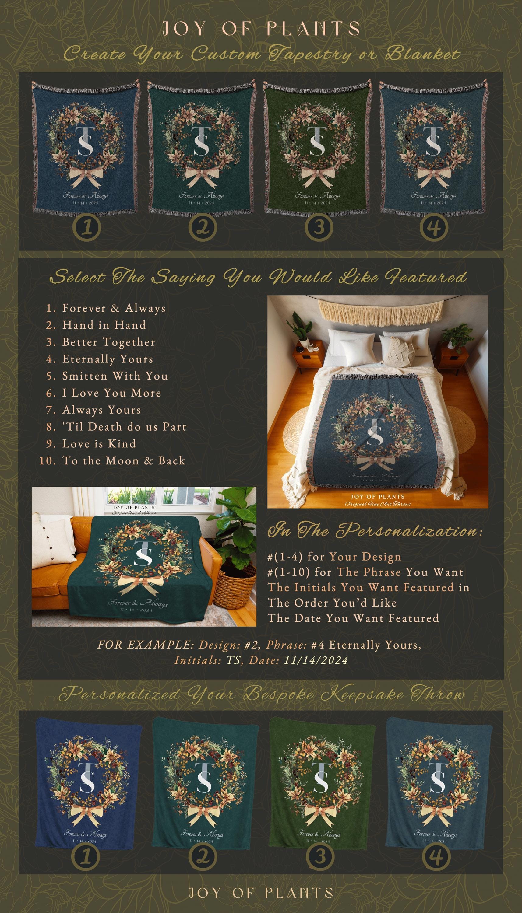 Couples Initials Anniversary Blanket | Personalized His and Hers Woven Tapestry Custom Wedding Monogram Sentimental Keepsake Wreath Blanket