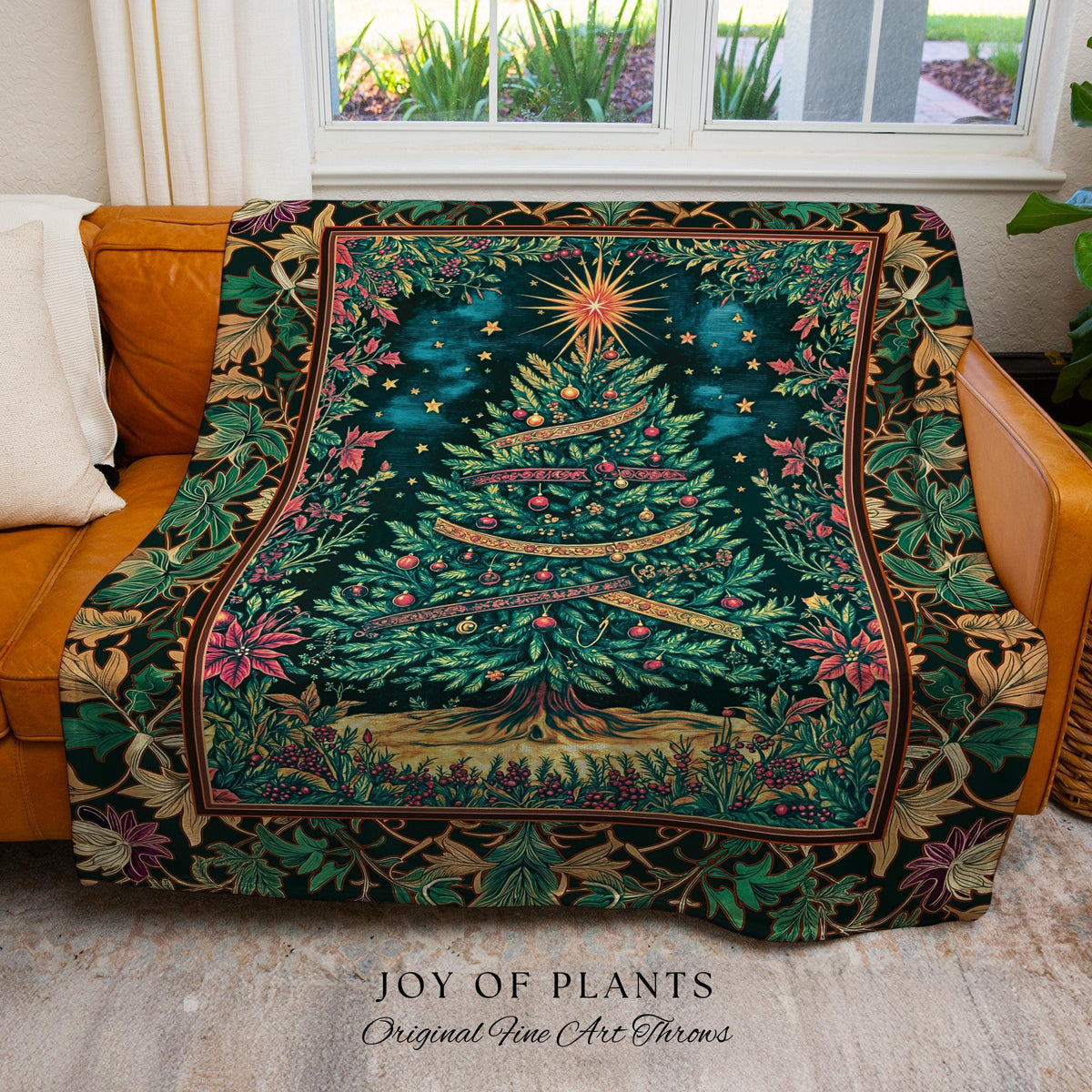 Twinkling Stars Holiday Tree Blanket | Christmas Tapestry Throw Woven Jacquard Gold Ornament Evergreen Decor Traditional Winter Home Look |
