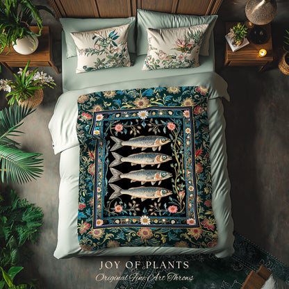 Eclectic Botanical Sardine Blanket Cozy | Nautical Lake House Throw Indie Coastal Aesthetic Woven Wall Tapestry Oceancore Vintage Sea Life