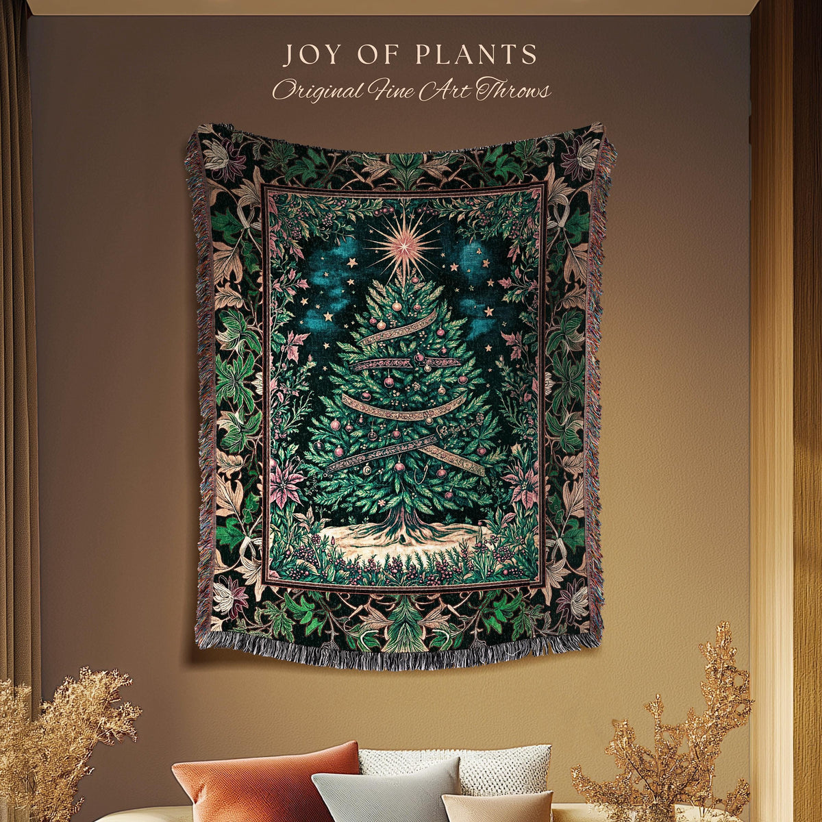 Twinkling Stars Holiday Tree Blanket | Christmas Tapestry Throw Woven Jacquard Gold Ornament Evergreen Decor Traditional Winter Home Look |
