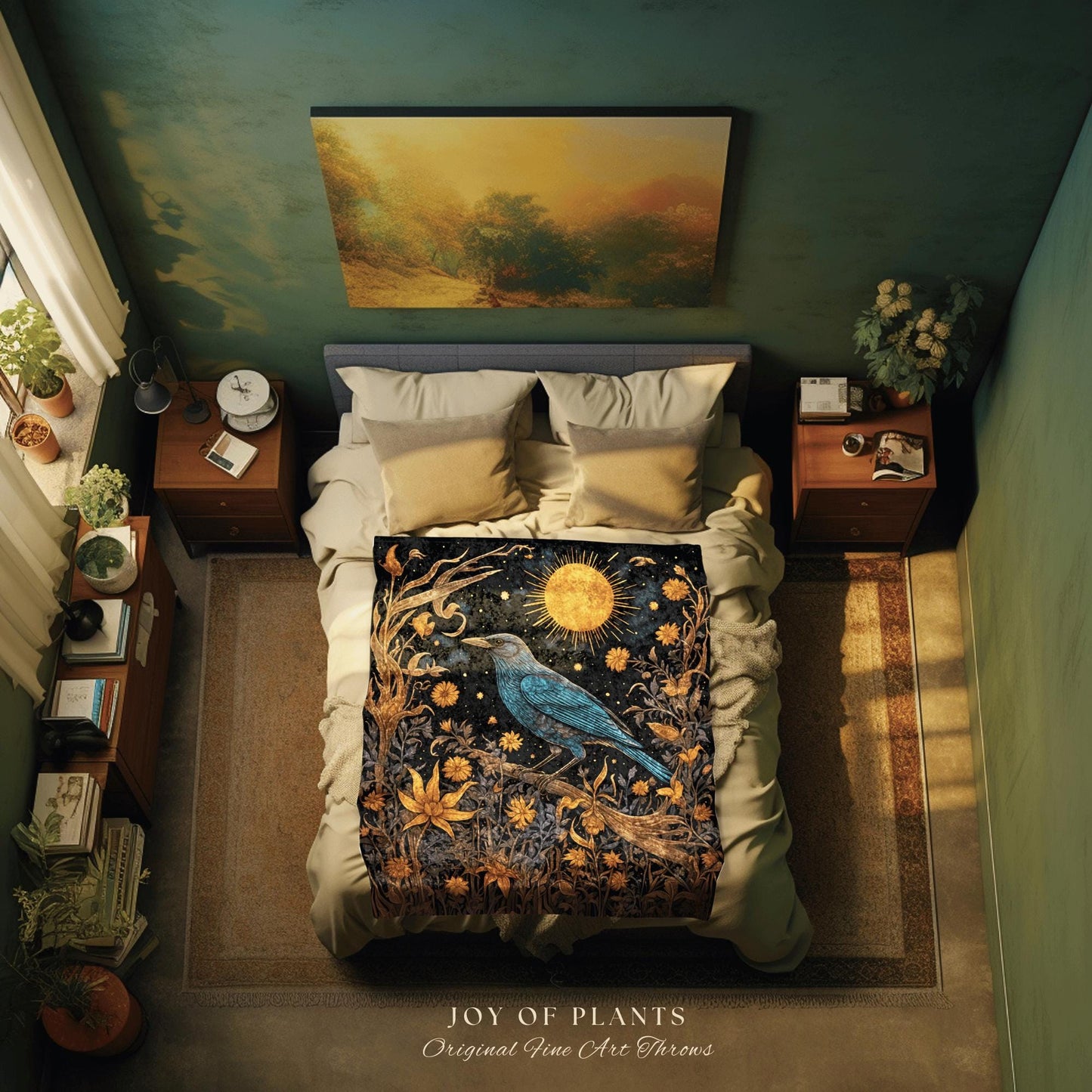 Celestial Crow Blanket Mystical Night Garden Tapestry | Gothic Nature Raven Decor Dark Cottagecore Woven Throw Enchanted Boho Crowcore Art