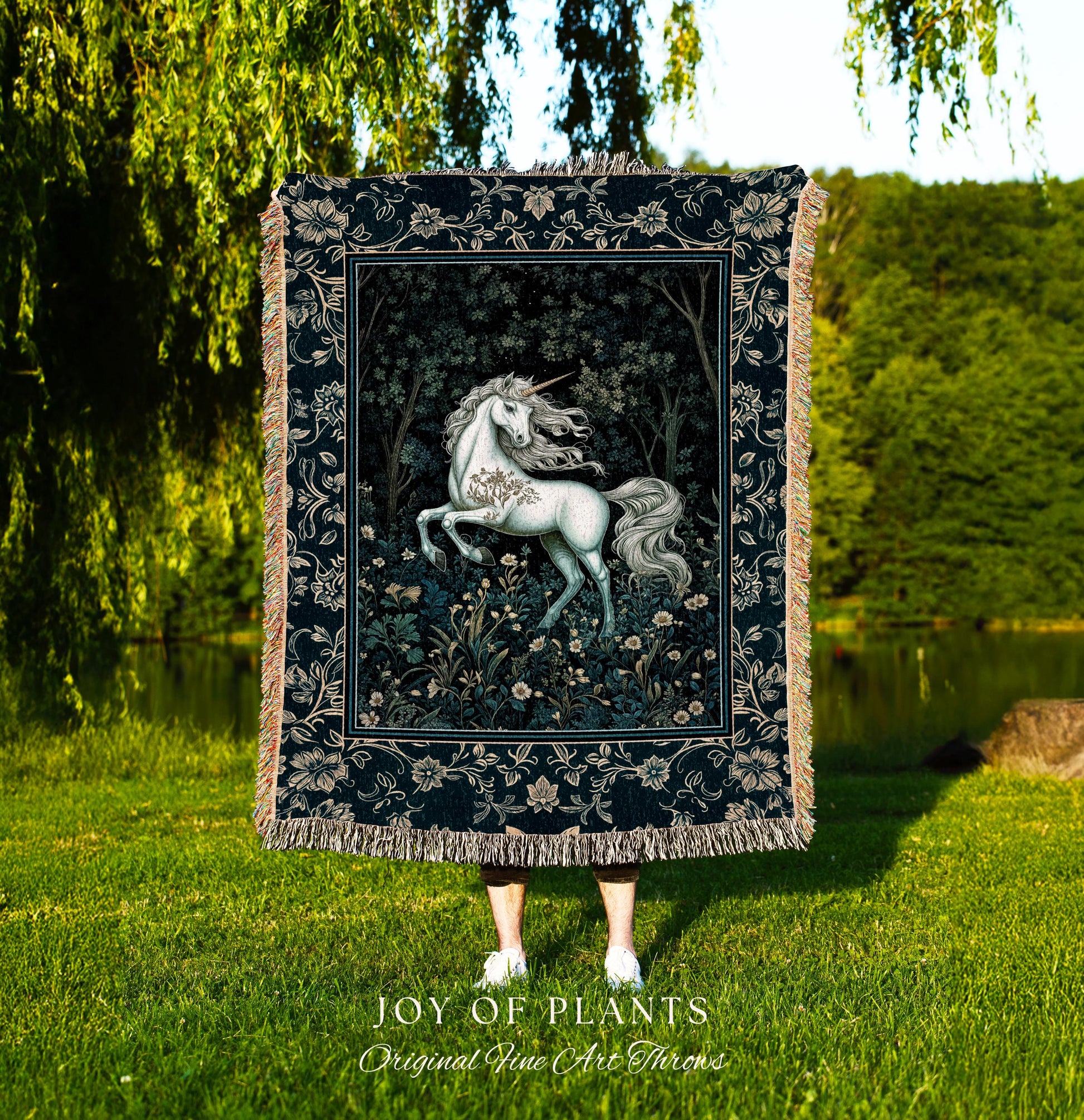 Enchanted Meadow Unicorn Coverlet | Victorian Fairycore Whimsical Ethereal Woven Throw Blanket Medieval Woodland Fairytale Rustic Tapestry |