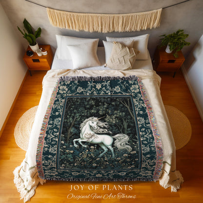 Enchanted Meadow Unicorn Coverlet | Victorian Fairycore Whimsical Ethereal Woven Throw Blanket Medieval Woodland Fairytale Rustic Tapestry |