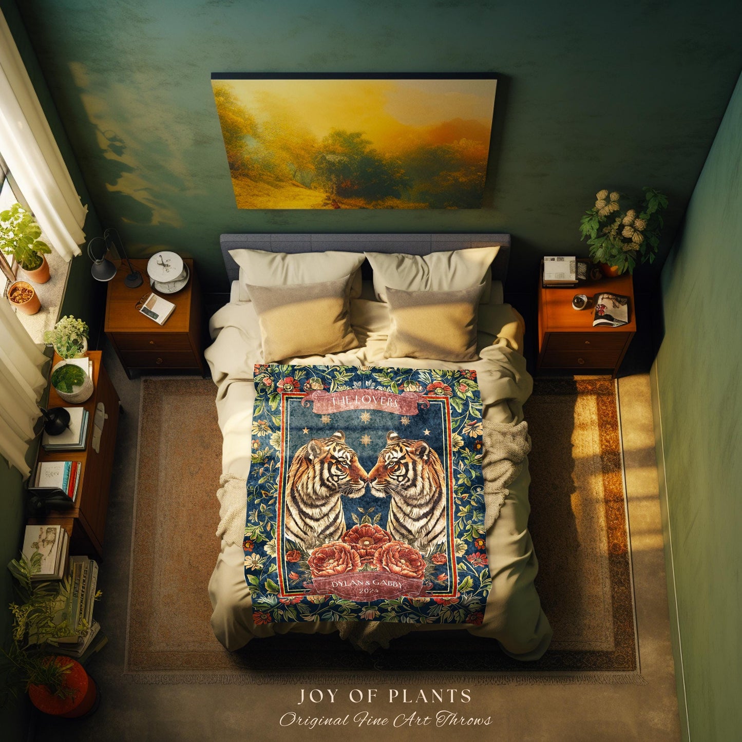 The Lovers Tiger Couple Tapestry Blanket | Personalized Gift for Girlfriend Cozy His & Her Names Celestial Woven Blanket Custom Anniversary