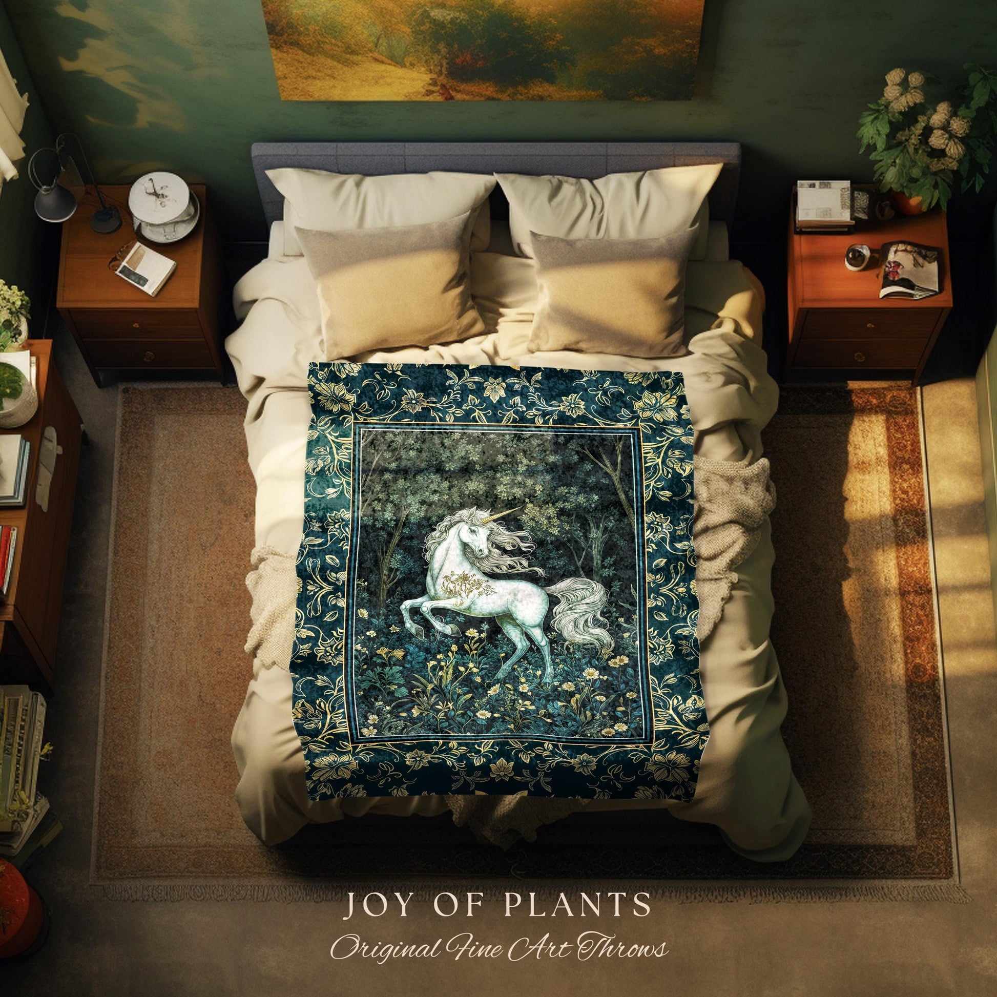 Enchanted Meadow Unicorn Coverlet | Victorian Fairycore Whimsical Ethereal Woven Throw Blanket Medieval Woodland Fairytale Rustic Tapestry |