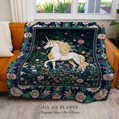 Storybook Elegance Magical Throw Blanket | Unicorn Coverlet Dark Fairytale Gothic Maximalist Colorful Whimsical Victorian Fairycore Tapestry
