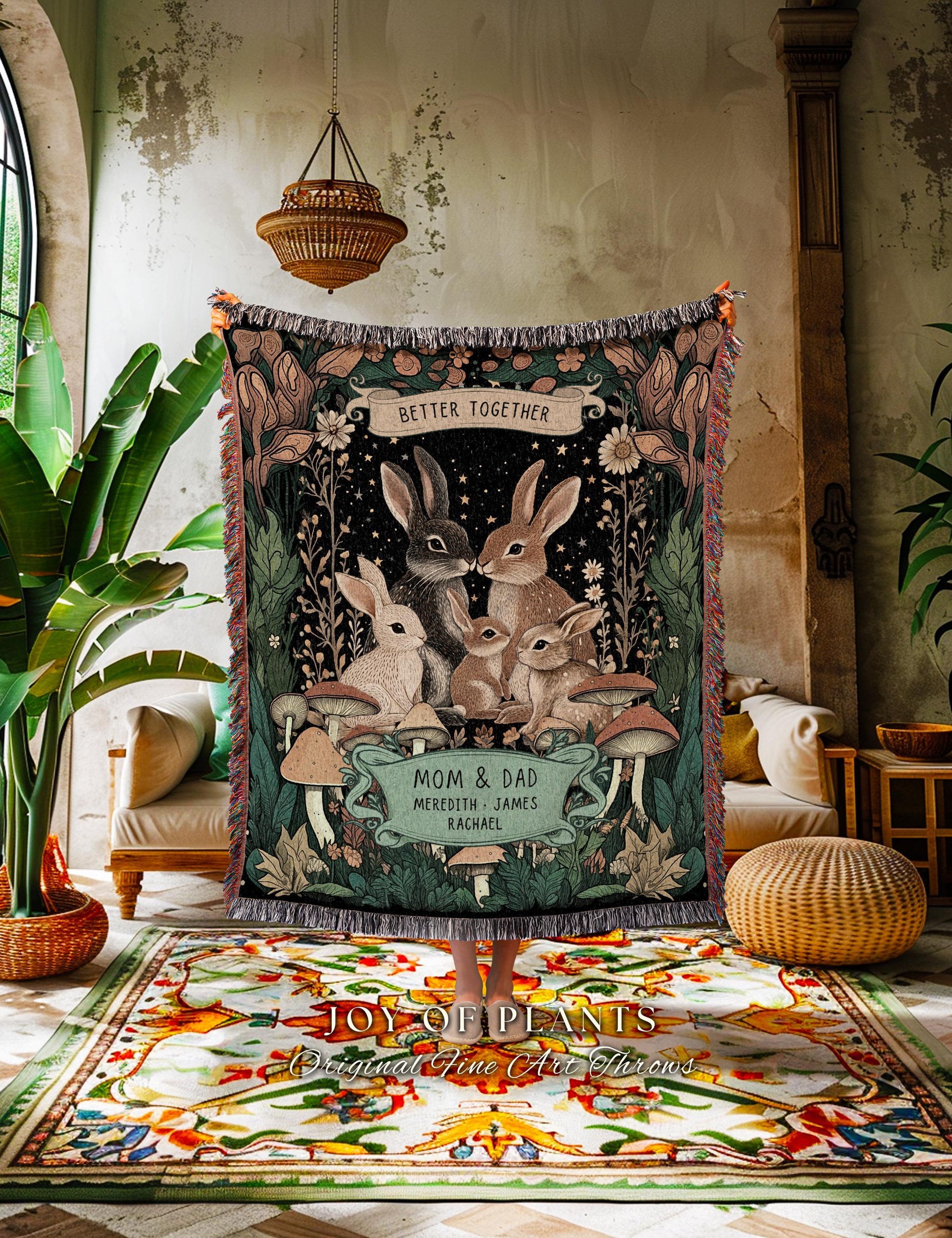 Rabbit Family Custom Kids Personalized Family Blanket | Woodland Cottagecore Throw Blanket Celestial Decor Meaningful Gift From Children |