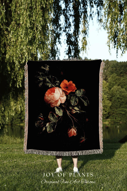 Black Throw Blanket Floral Tapestry Woven Tapestry Wall Hanging Vintage Gothic Victorian Decor Woven Blanket Goth Dark Acedemia Decor