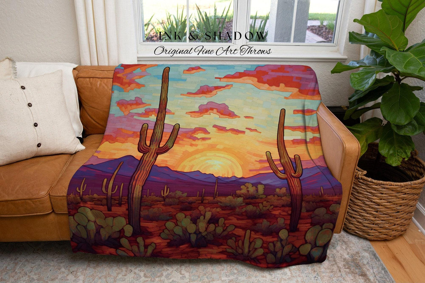 Southwestern Sunrise Tapestry | Whimsical Home Decor Housewarming Gift Blanket Cactus Aesthetic Blanket Woven Tapestry Southwest Landscape |