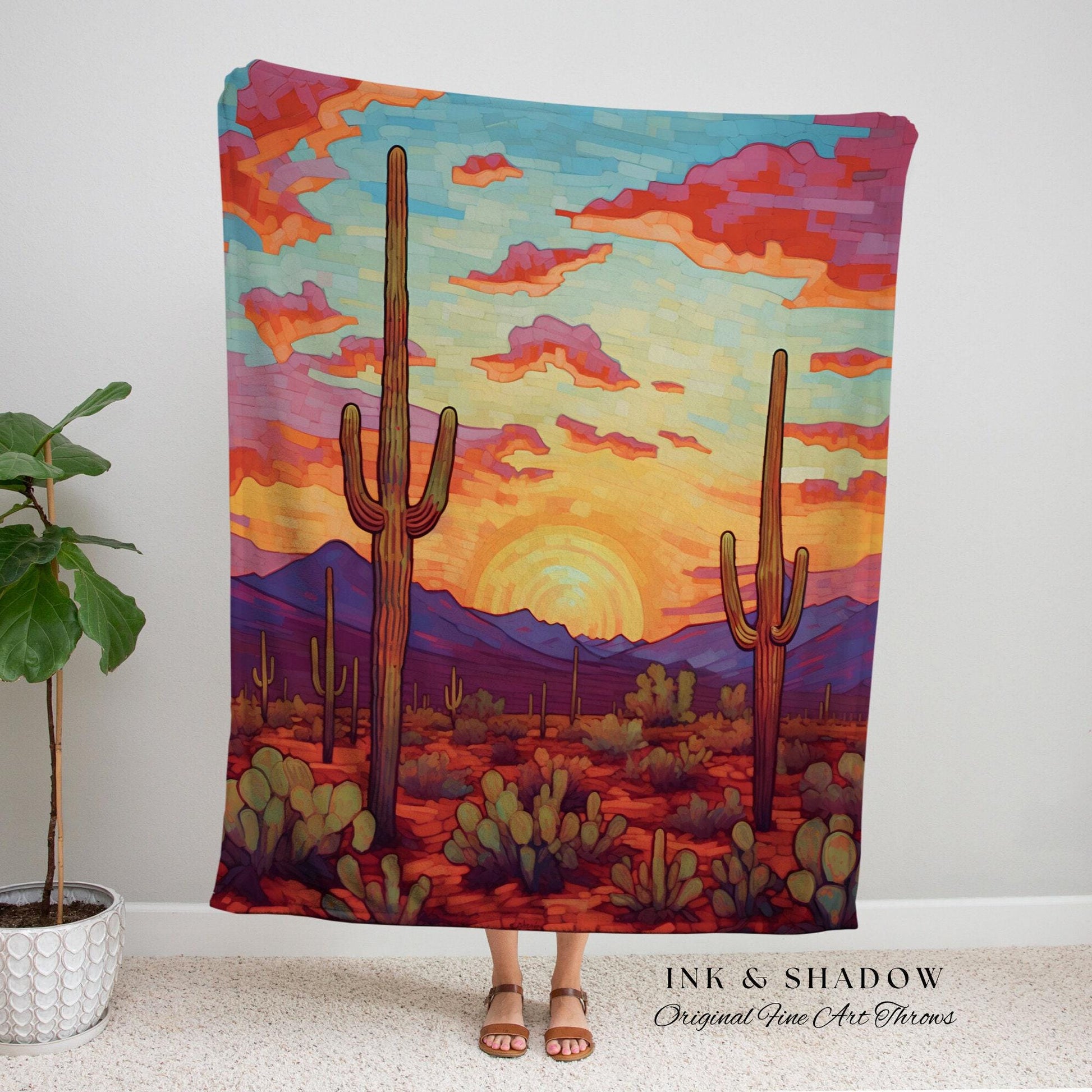 Southwestern Sunrise Tapestry | Whimsical Home Decor Housewarming Gift Blanket Cactus Aesthetic Blanket Woven Tapestry Southwest Landscape |