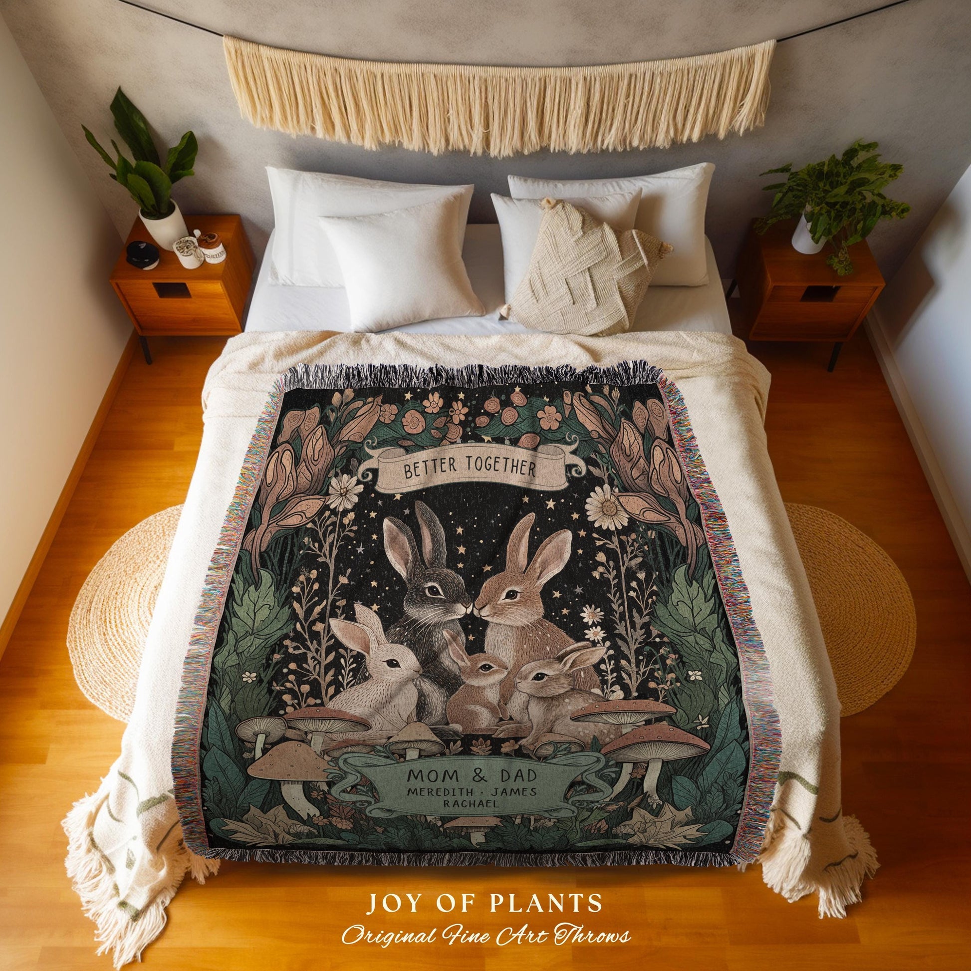 Rabbit Family Custom Kids Personalized Family Blanket | Woodland Cottagecore Throw Blanket Celestial Decor Meaningful Gift From Children |