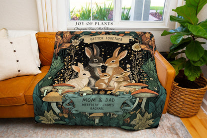 Rabbit Family Custom Kids Personalized Family Blanket | Woodland Cottagecore Throw Blanket Celestial Decor Meaningful Gift From Children |