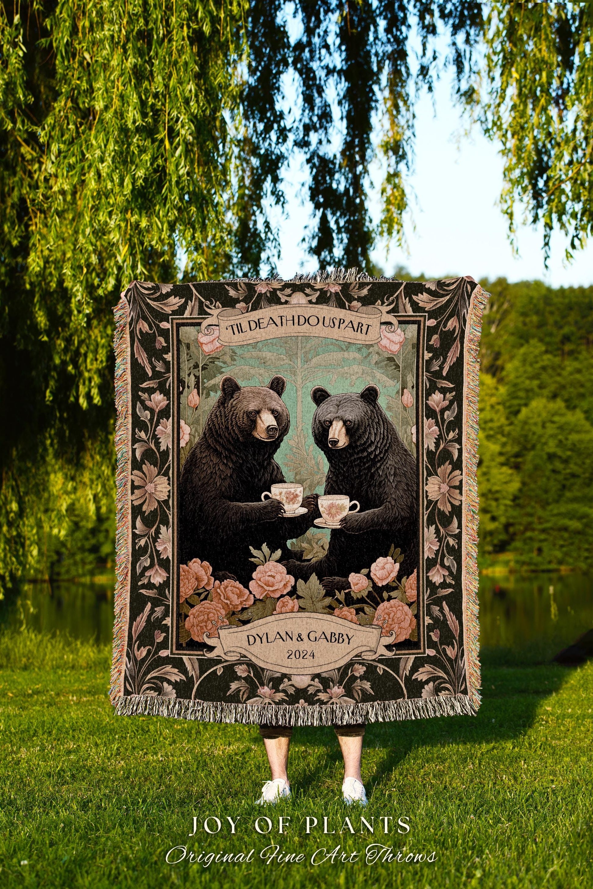 Dark Floral Couples Anniversary Blanket | Woodland Wedding Anniversary Personalized Bear Couple Woven Throw Cute Blanket Gift for Valentine