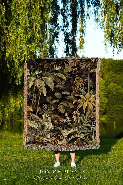 Moody Botanical Jungle Leaves Coverlet | Eclectic Green Maximalist Woven Blanket Whimsigoth Vintage Botanical Nature Living Room Forest |