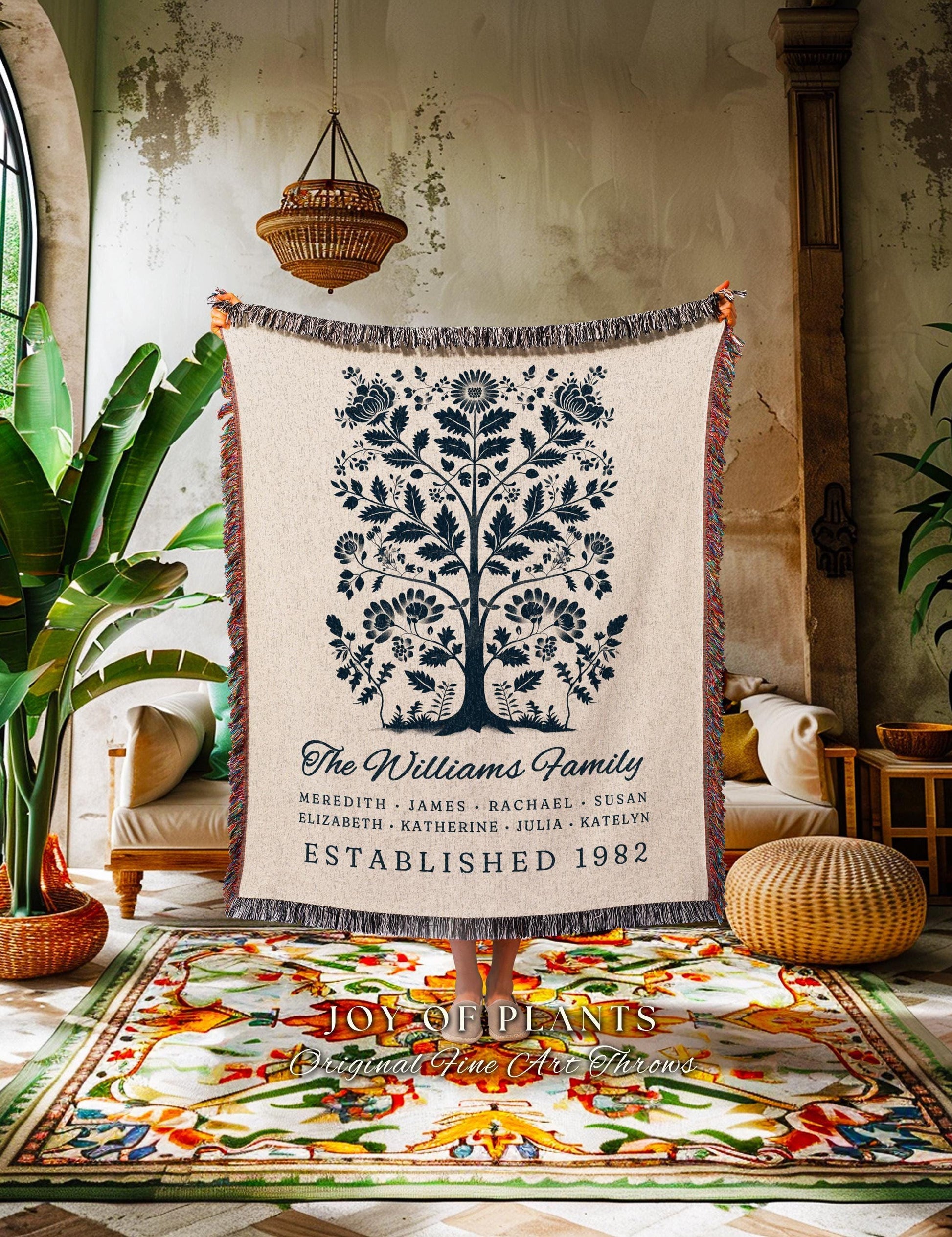 Vintage Folk Art Family Tree Blanket with Names Heritage Cottagecore Decor, Personalized Heirloom Tapestry Woven Throw Custom Nostalgic Gift