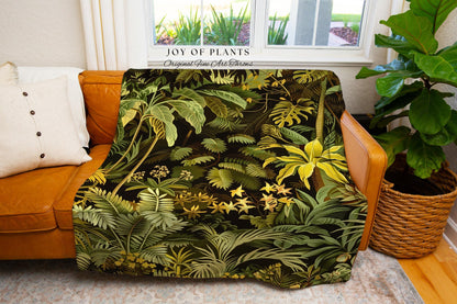 Moody Botanical Jungle Leaves Coverlet | Eclectic Green Maximalist Woven Blanket Whimsigoth Vintage Botanical Nature Living Room Forest |