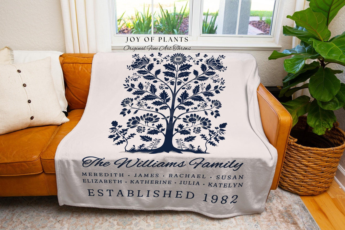 Vintage Folk Art Family Tree Blanket with Names Heritage Cottagecore Decor, Personalized Heirloom Tapestry Woven Throw Custom Nostalgic Gift
