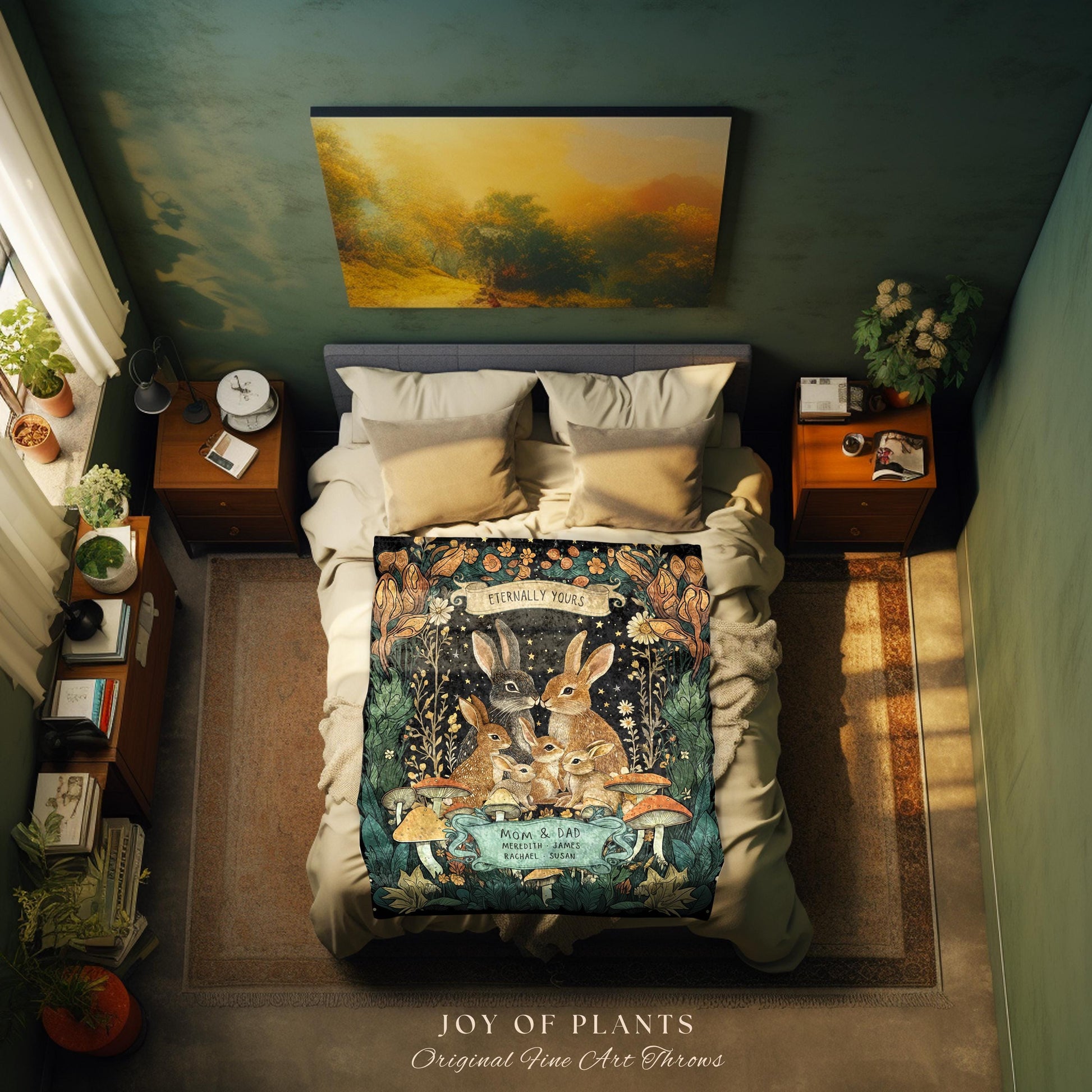 Boho Woodland Custom Rabbit Family Throw | Cottagecore Decor Personalized Names Gift Thoughtful Keepsake From Children Whimsical Tapestry