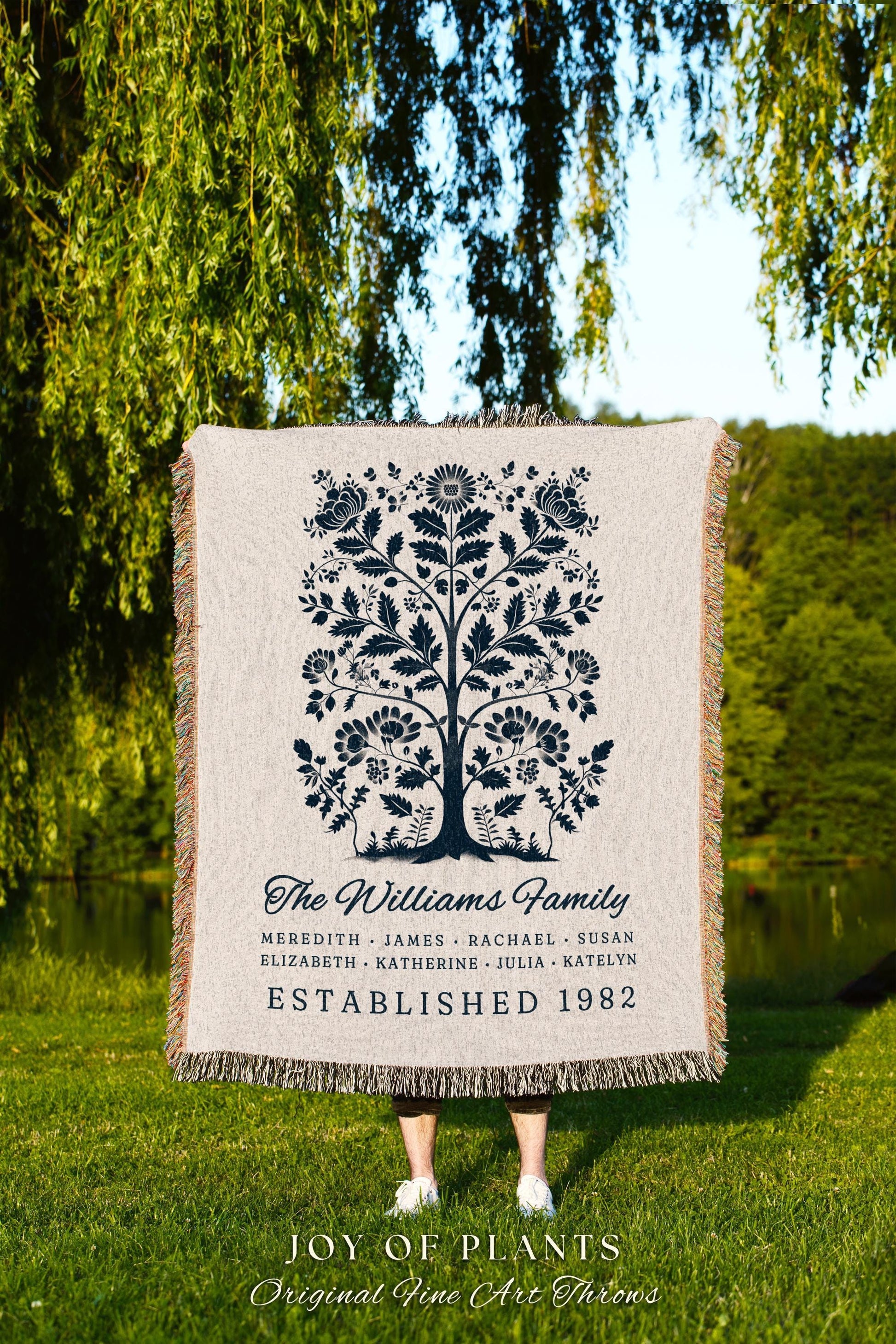 Vintage Folk Art Family Tree Blanket with Names Heritage Cottagecore Decor, Personalized Heirloom Tapestry Woven Throw Custom Nostalgic Gift
