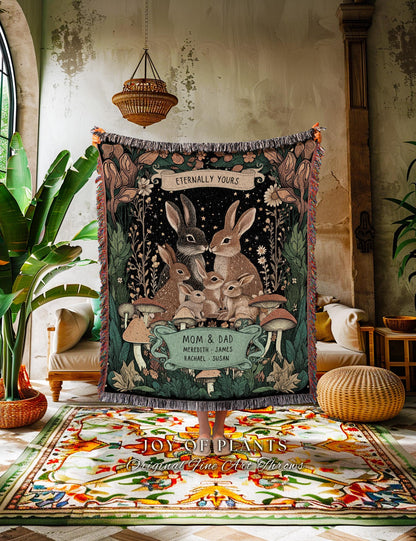 Boho Woodland Custom Rabbit Family Throw | Cottagecore Decor Personalized Names Gift Thoughtful Keepsake From Children Whimsical Tapestry