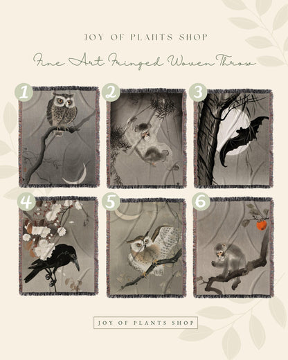 Woven Monkey Blanket | Japanese Art | Black Crow Core | Watercolor Art Vintage Throw Blanket | Dark Academia Tapestry | Gothic Throw Blanket