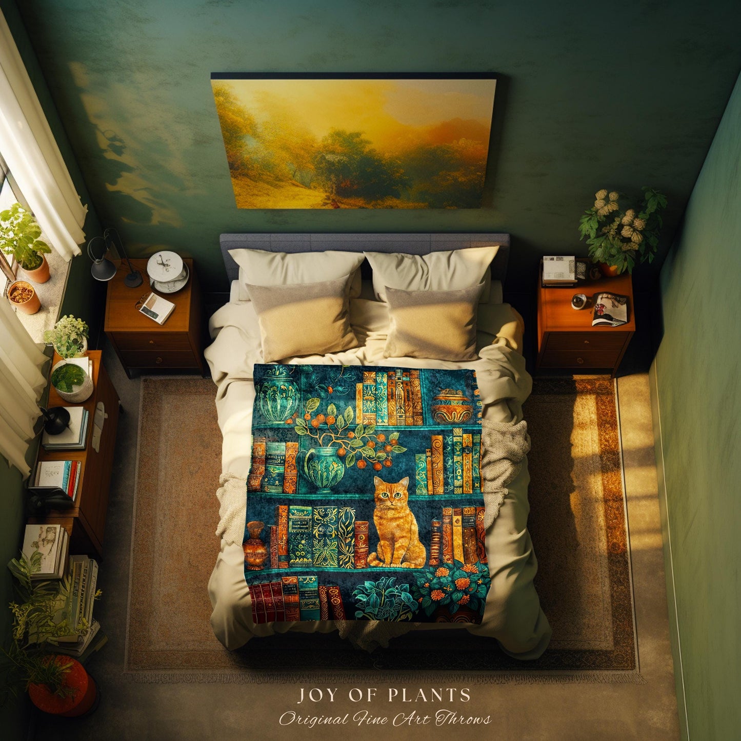 Enchanted Library Cat Bookshelf Blanket | Moody Botanical Bedroom Victorian Gothic Woodland Fantasy Reading Corner Dark Academia Tapestry |