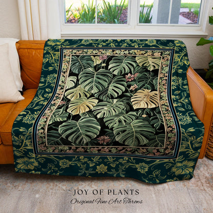 Monstera Tapestry Blanket Unique | Herbology Blanket Dark Cottagecore Tropical Aesthetic Dark Floral Houseplant Botanical Woven Wall Art |
