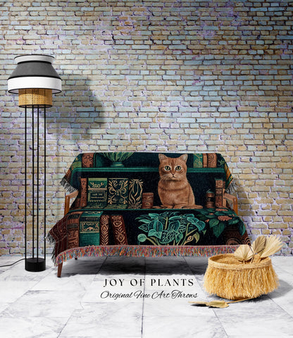 Enchanted Library Cat Bookshelf Blanket | Moody Botanical Bedroom Victorian Gothic Woodland Fantasy Reading Corner Dark Academia Tapestry |