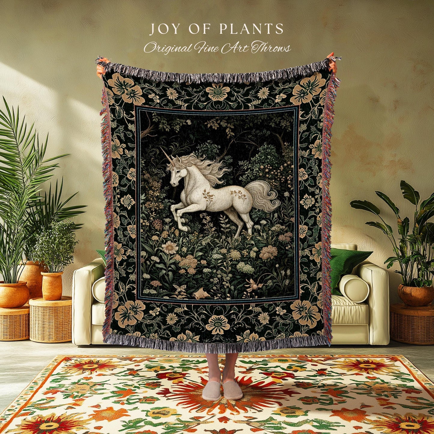 Earthy Ethereal Unicorn Throw Blanket | Whimsical Nature Fairytale Magic Medieval Woven Tapestry Woodland Aesthetic Storybook Nostalgic |