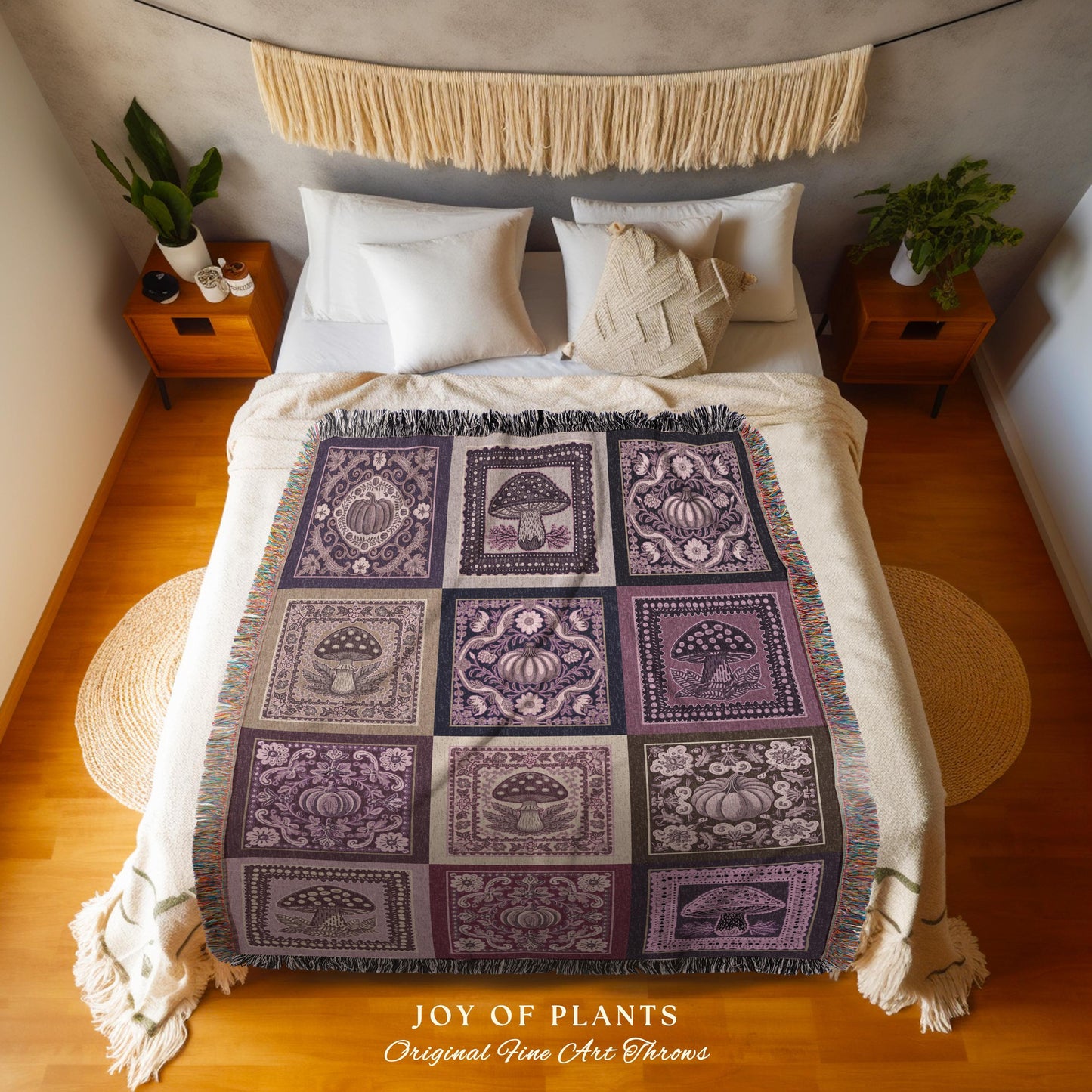 Mid Century Mushroom Aesthetic Coverlet | Cottagecore Purple Blanket Cozy Woven Throw Lilac Boho Decor Whimsical Woodland Farmhouse Style