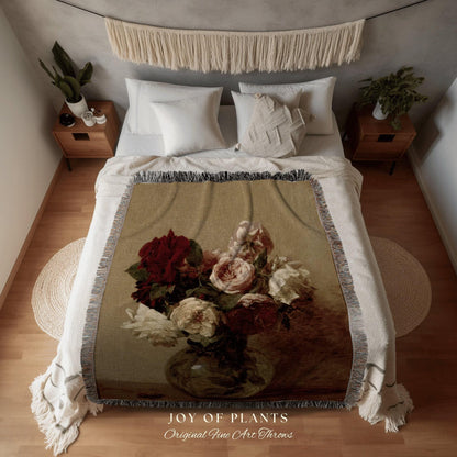 Vintage Floral Woven Blanket | Dark Cottagecore Decor Woven Throw Blanket | Victorian Gothic Decor Woven Tapestry Vintage Throw Blanket Goth